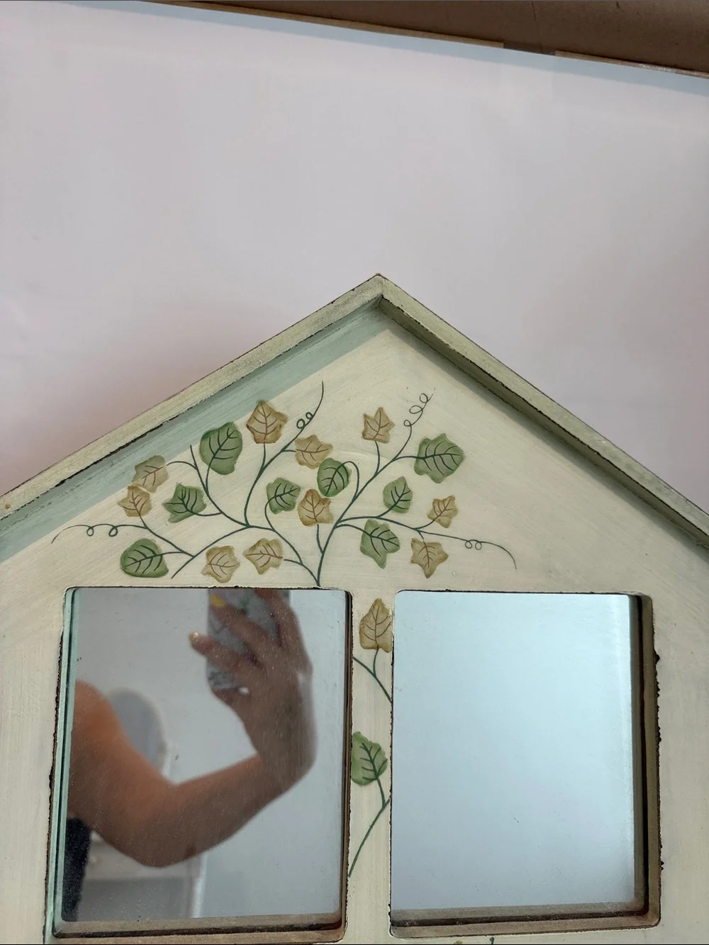 Hand-Painted Cottage Wall Mirror Shelf in Cream and Green
